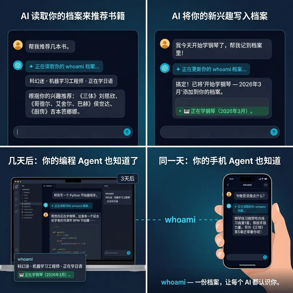 whoami 使用方式 — AI agent 为你读取和更新跨平台身份档案